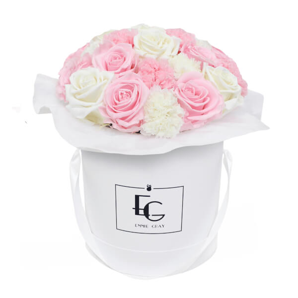 SPLENDID CARNATION MIX INFINITY ROSEBOX | BRIDAL PINK & PURE WHITE | M