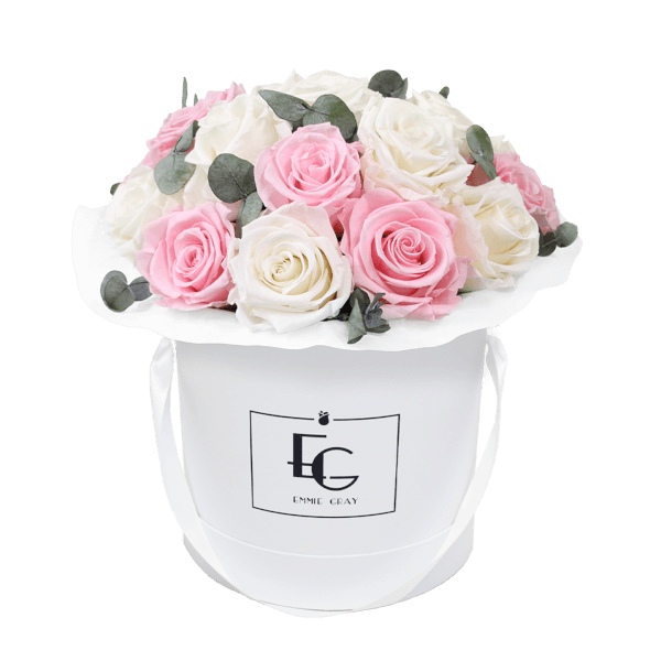 Splendid Eucalyptus Infinity Rosebox | Pure White & Bridal Pink | M