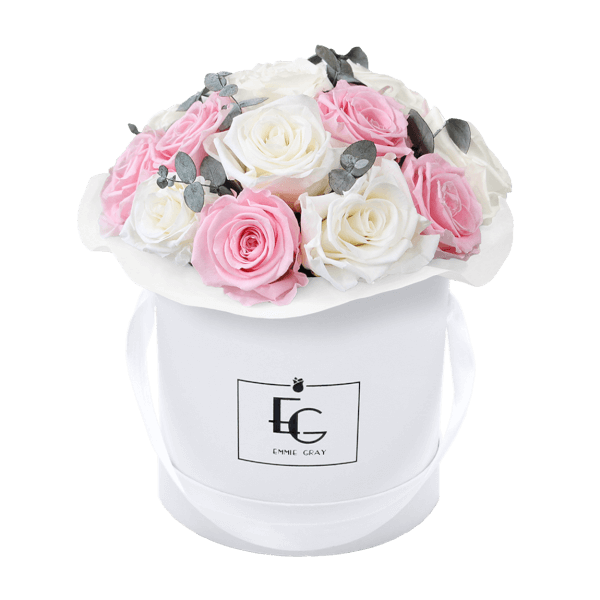 Splendid Eucalyptus Infinity Rosebox | Pure White & Bridal Pink | S