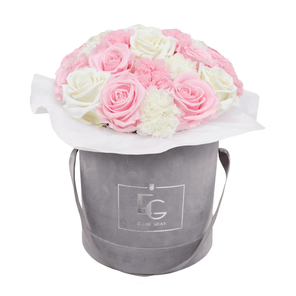 SPLENDID CARNATION MIX INFINITY ROSEBOX | BRIDAL PINK & PURE WHITE | M